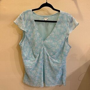 Old Navy Aqua Floral V-Neck Flutter Sleeve Blouse